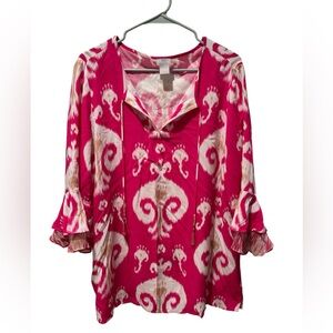 Chicos Pink and White Print Linen Ruffle 3/4 Sleeve Tunic